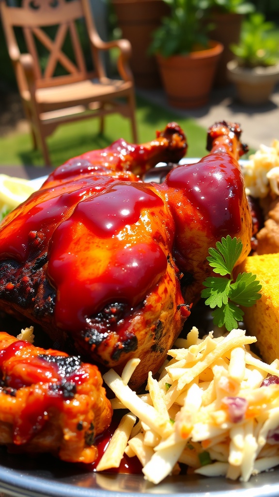 Grilled barbecue chicken on a platter with sides of coleslaw and cornbread, garnished with parsley.